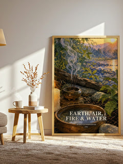 Earth, air, fire & water watercolour print in frame leaning in hallway – non fiction wall art