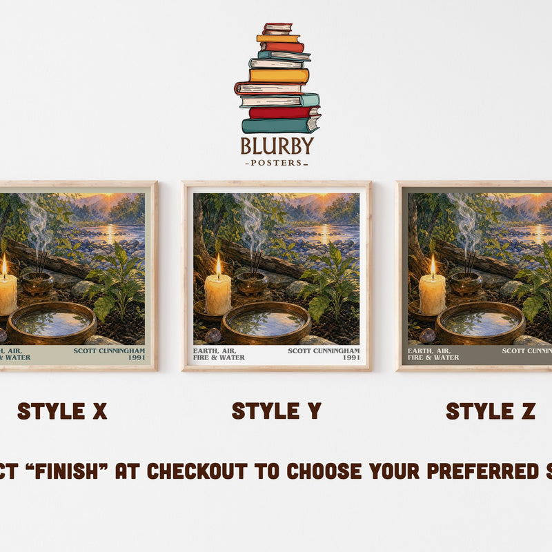 Earth, air, fire & water literary print in frame leaning in hallway – non fiction wall art
