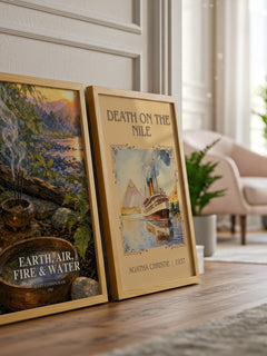 Earth, air, fire & water watercolour print framed by window – literary home decor