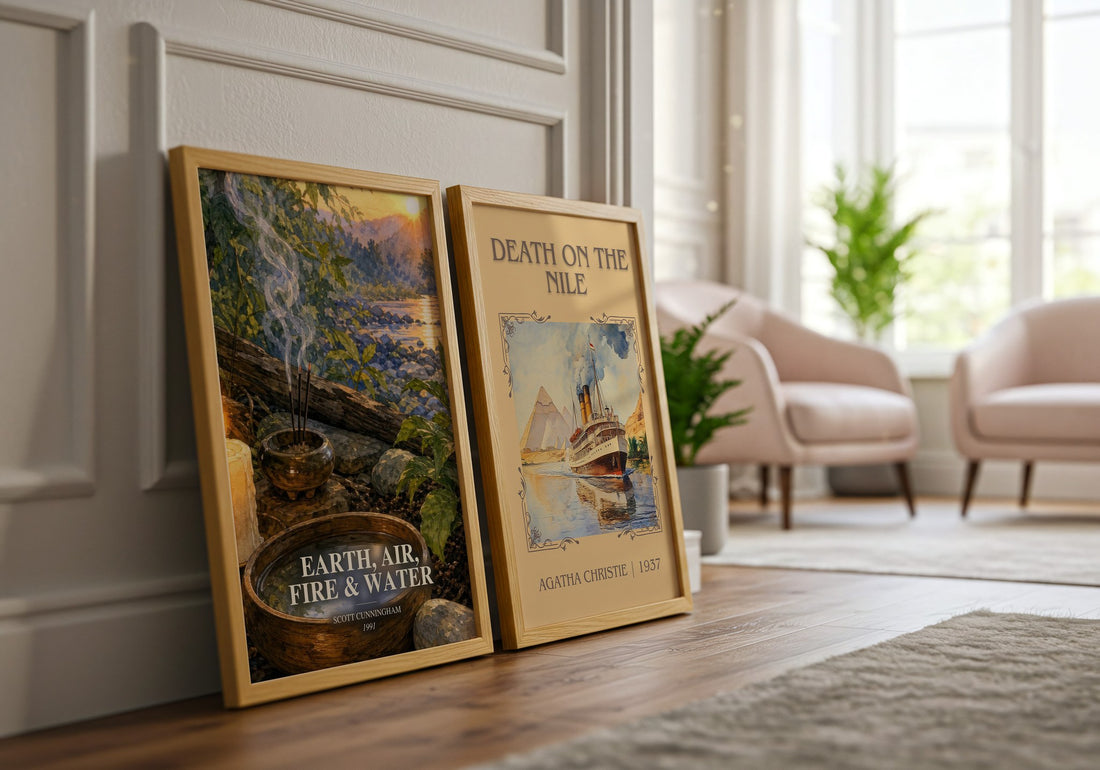Earth, air, fire & water watercolour print framed by window – literary home decor