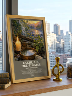 Earth, air, fire & water bookish print framed by window – literary home decor