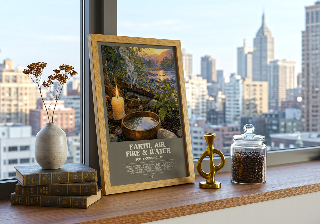Earth, air, fire & water bookish print framed by window – literary home decor