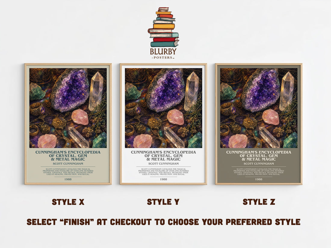 Cunningham's encyclopedia of crystal, gem & metal magic bookish print in frame leaning in hallway – non fiction wall art (mockup)