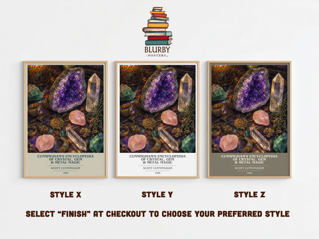 Cunningham's encyclopedia of crystal, gem & metal magic book cover print in frame leaning in hallway – non fiction wall art (mockup)