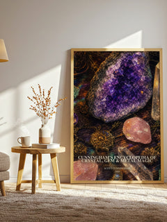 Cunningham's encyclopedia of crystal, gem & metal magic watercolour print in frame leaning in hallway – non fiction wall art