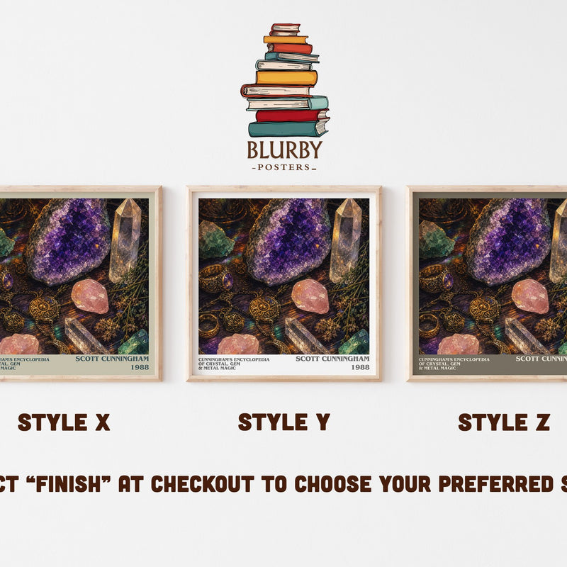 Cunningham's encyclopedia of crystal, gem & metal magic literary print in frame leaning in hallway – non fiction wall art