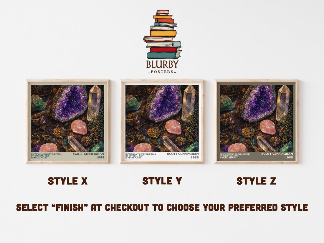 Cunningham's encyclopedia of crystal, gem & metal magic literary print in frame leaning in hallway – non fiction wall art (mockup)