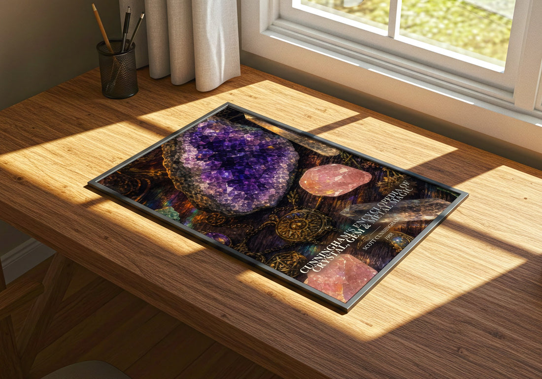 Cunningham's encyclopedia of crystal, gem & metal magic watercolour book poster framed on wall – non fiction wall art
