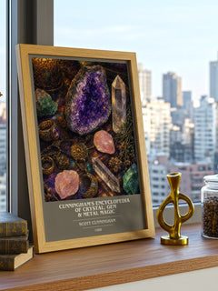 Cunningham's encyclopedia of crystal, gem & metal magic book cover print framed by window – literary home decor