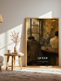Queer watercolour print in frame leaning in hallway – literary fiction wall art