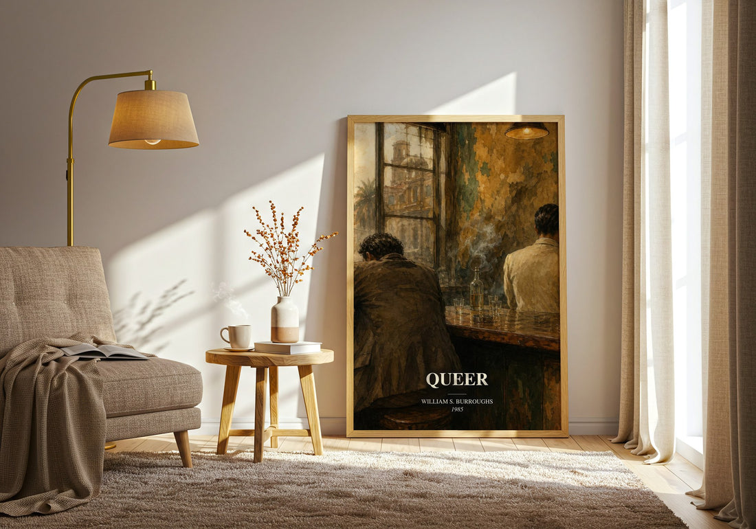 Queer watercolour print in frame leaning in hallway – literary fiction wall art