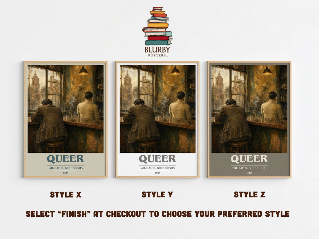 Queer book cover print in frame leaning in hallway – literary fiction wall art (mockup)