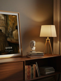 Queer watercolour print on bookshelf – William S. Burroughs fan gift