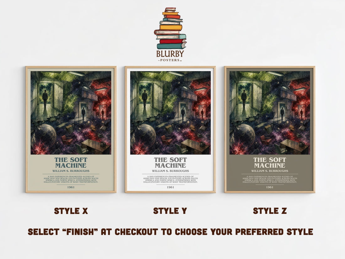The Soft Machine bookish print in frame leaning in hallway – literary fiction wall art (mockup)
