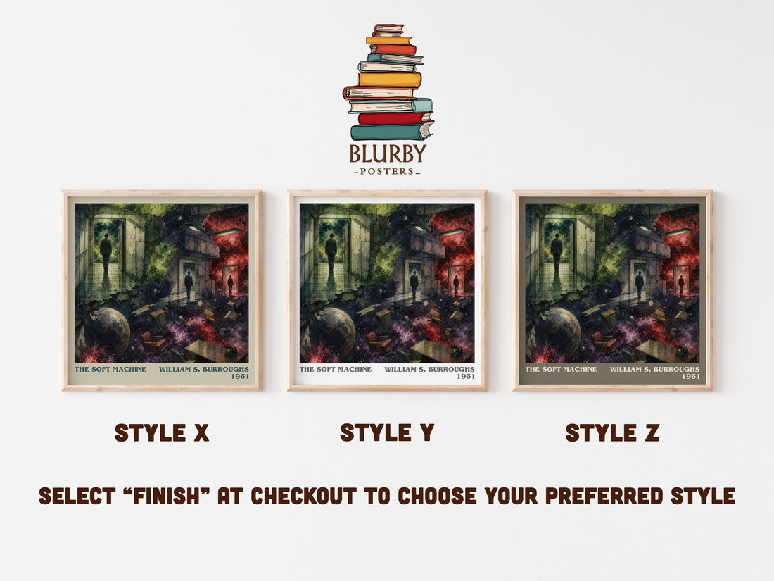 The Soft Machine literary print in frame leaning in hallway – literary fiction wall art (mockup)