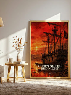 Cities of the Red Night watercolour print in frame leaning in hallway – sci fi wall art
