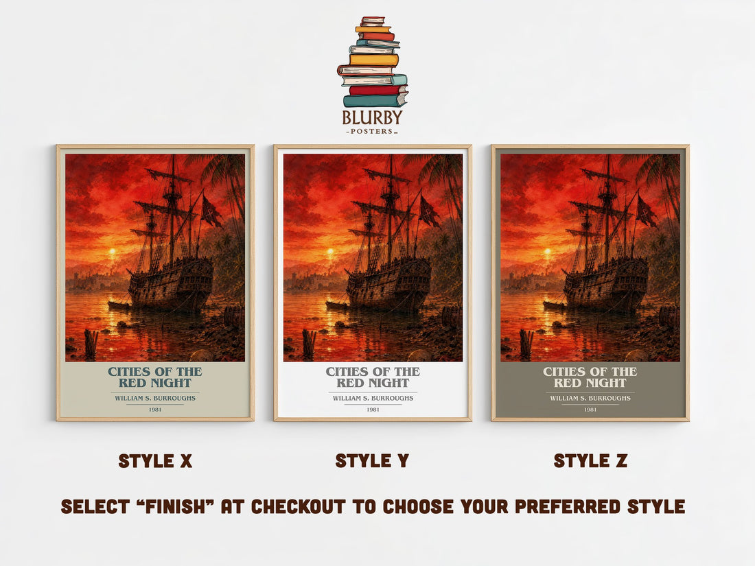 Cities of the Red Night book cover print in frame leaning in hallway – sci fi wall art (mockup)