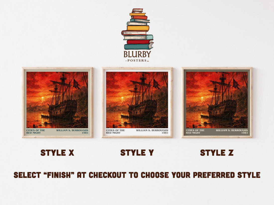 Cities of the Red Night literary print in frame leaning in hallway – sci fi wall art (mockup)