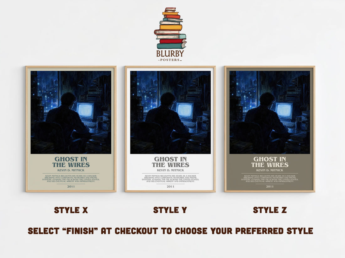 Ghost in the wires bookish print in frame leaning in hallway – memoir wall art (mockup)
