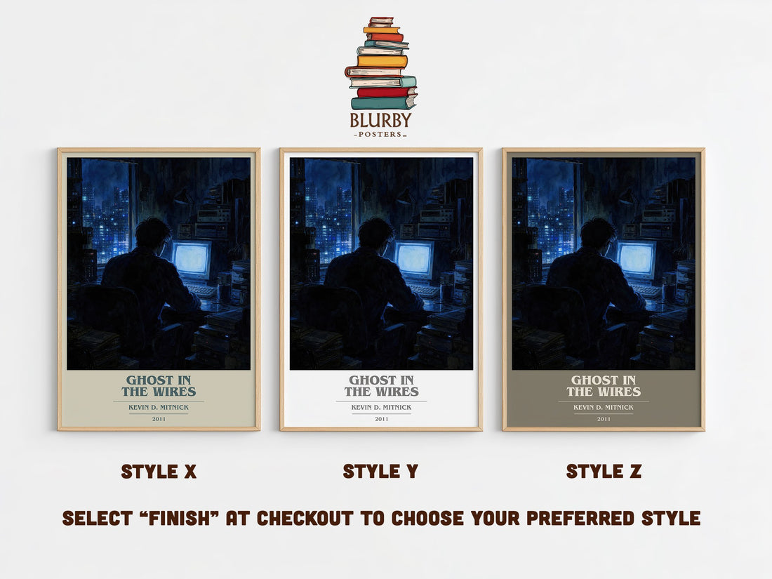 Ghost in the wires book cover print in frame leaning in hallway – memoir wall art (mockup)