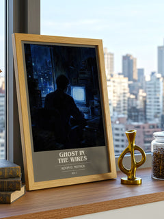 Ghost in the wires book cover print framed by window – literary home decor