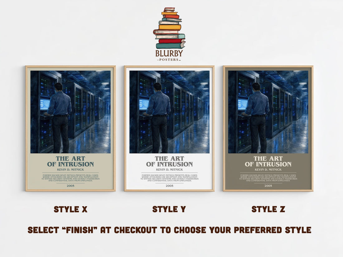The Art of Intrusion bookish print in frame leaning in hallway – non fiction wall art (mockup)