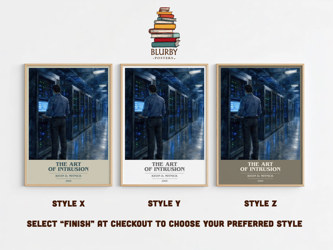 The Art of Intrusion book cover print in frame leaning in hallway – non fiction wall art (mockup)