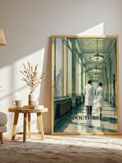 Doctors watercolour print in frame leaning in hallway – contemporary fiction wall art