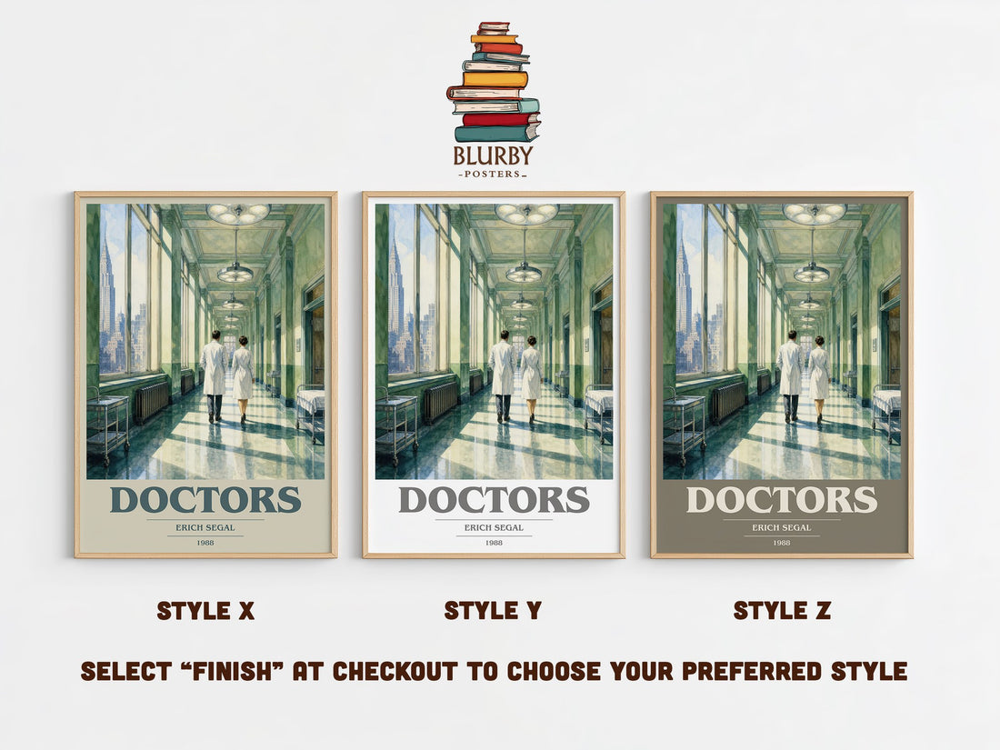 Doctors book cover print in frame leaning in hallway – contemporary fiction wall art (mockup)