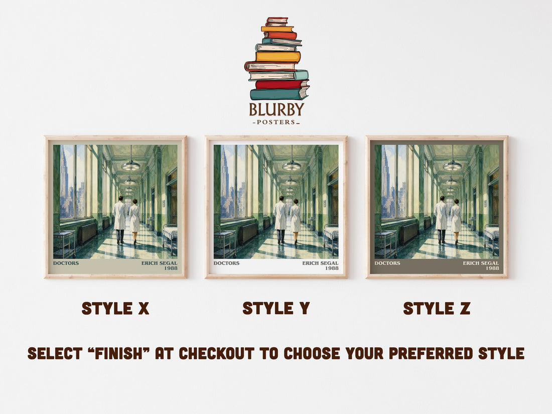 Doctors literary print in frame leaning in hallway – contemporary fiction wall art (mockup)
