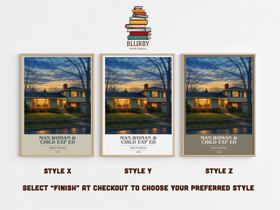 Man,woman & Child Exp Ed book cover print in frame leaning in hallway – contemporary fiction wall art (mockup)