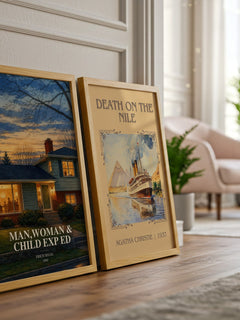 Man,woman & Child Exp Ed watercolour print framed by window – literary home decor