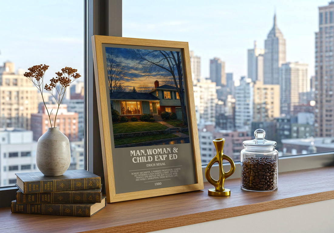 Man,woman & Child Exp Ed bookish print framed by window – literary home decor