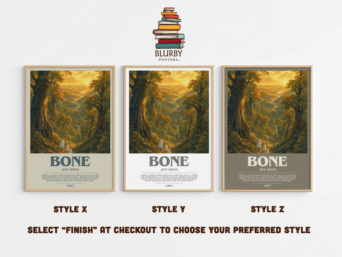 Bone bookish print in frame leaning in hallway – fantasy wall art (mockup)