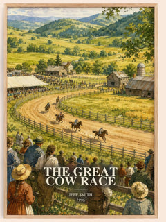 The Great Cow Race watercolour book poster by Jeff Smith – framed literary art print