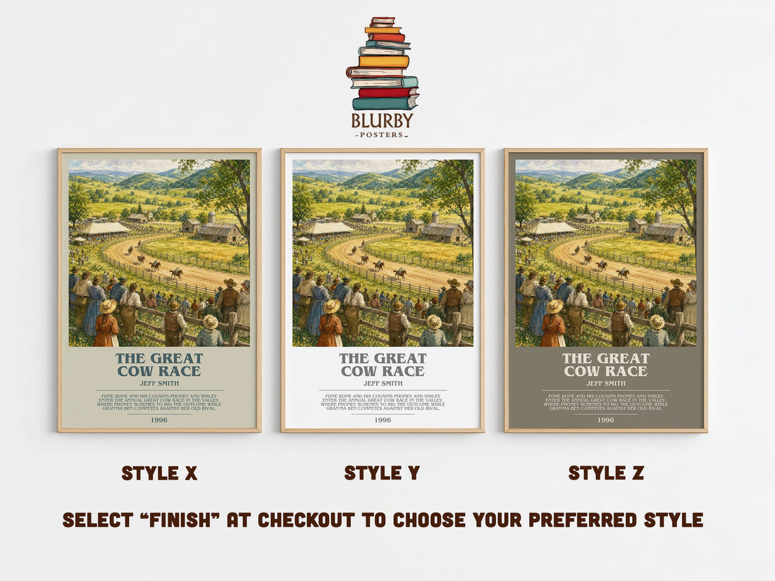 The Great Cow Race bookish print in frame leaning in hallway – childrens wall art (mockup)