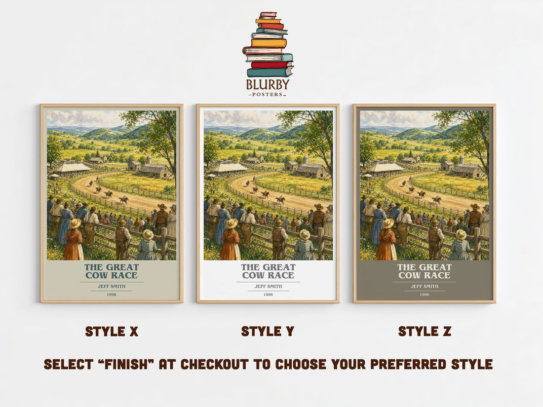 The Great Cow Race book cover print in frame leaning in hallway – childrens wall art (mockup)