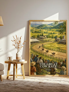 The Great Cow Race watercolour print in frame leaning in hallway – childrens wall art