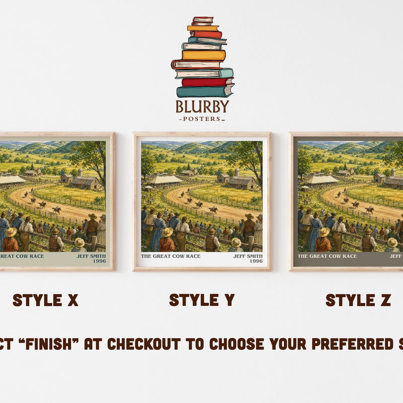 The Great Cow Race literary print in frame leaning in hallway – childrens wall art