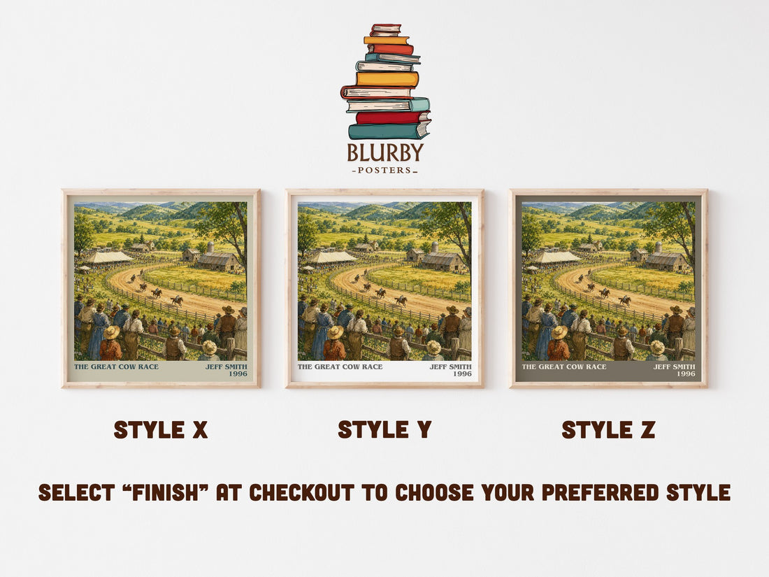 The Great Cow Race literary print in frame leaning in hallway – childrens wall art (mockup)