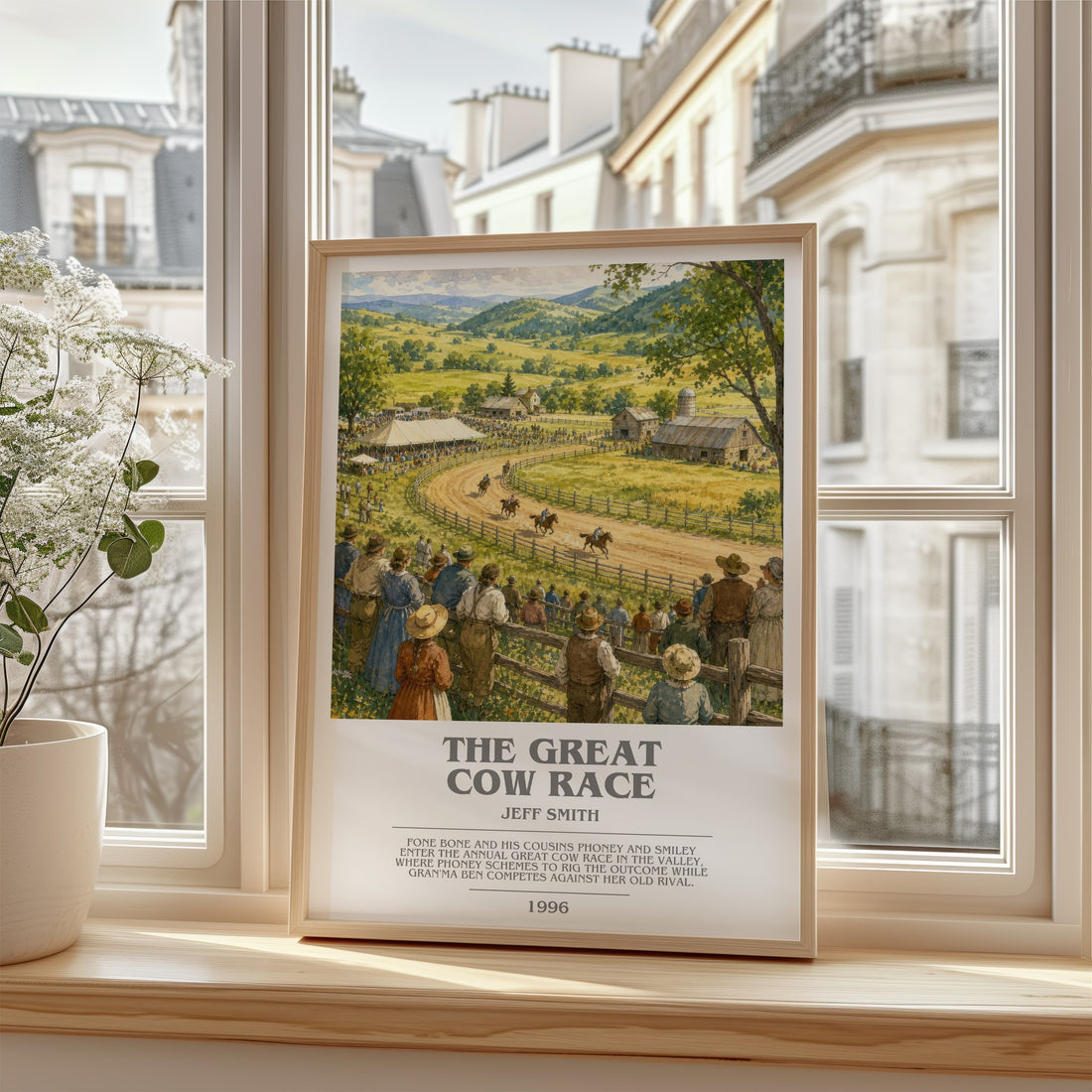 The Great Cow Race bookish poster colour and style options – Jeff Smith book art