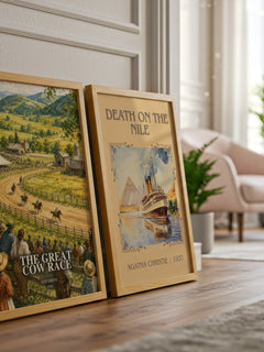 The Great Cow Race watercolour print framed by window – literary home decor