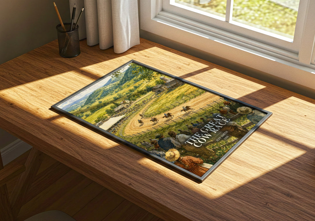 The Great Cow Race watercolour book poster framed on wall – childrens wall art