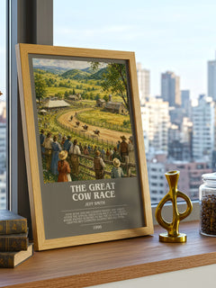 The Great Cow Race bookish print framed by window – literary home decor