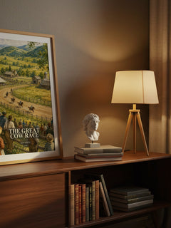 The Great Cow Race watercolour print on bookshelf – Jeff Smith fan gift