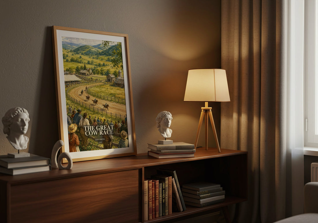 The Great Cow Race watercolour print on bookshelf – Jeff Smith fan gift