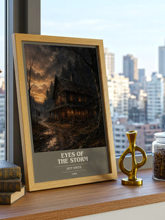 Eyes of the Storm book cover print framed by window – literary home decor
