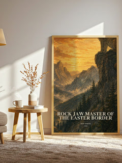 Rock Jaw Master of the Easter Border watercolour print in frame leaning in hallway – fantasy wall art