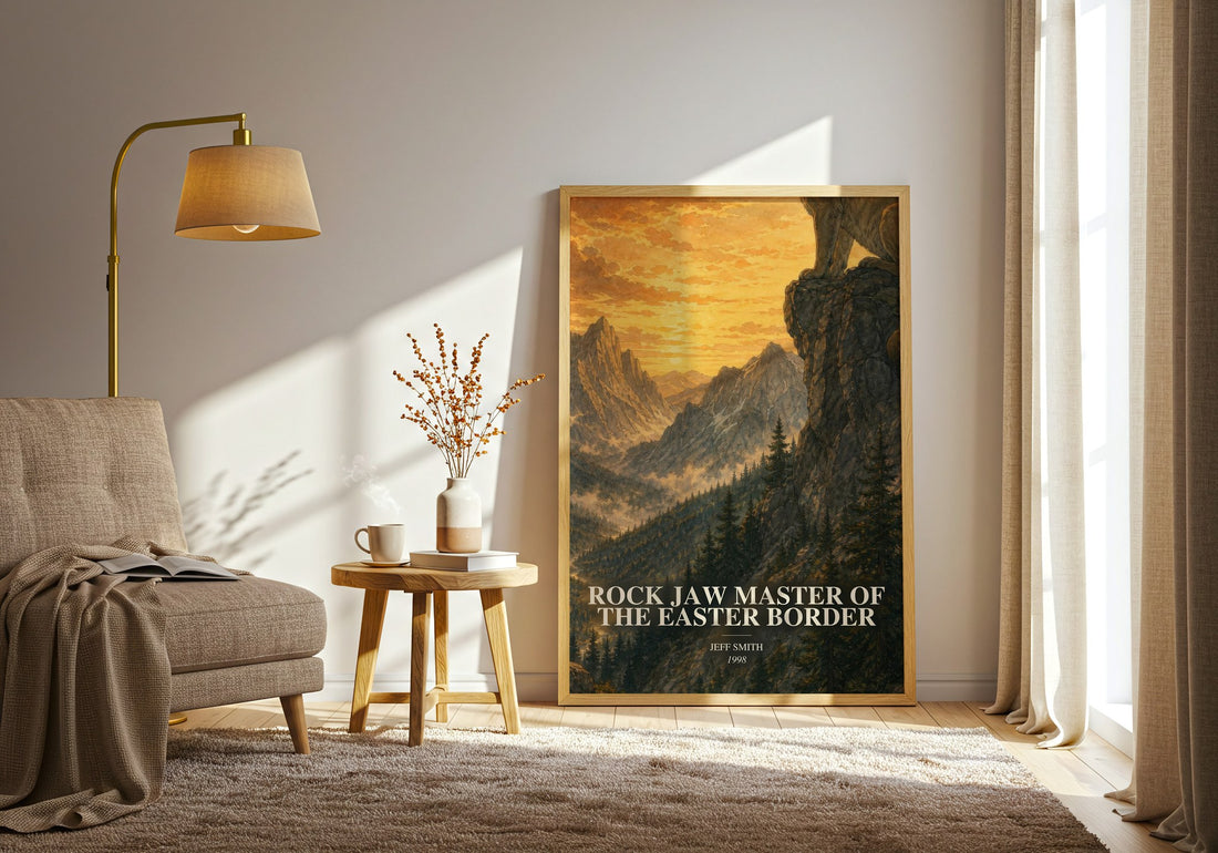 Rock Jaw Master of the Easter Border watercolour print in frame leaning in hallway – fantasy wall art