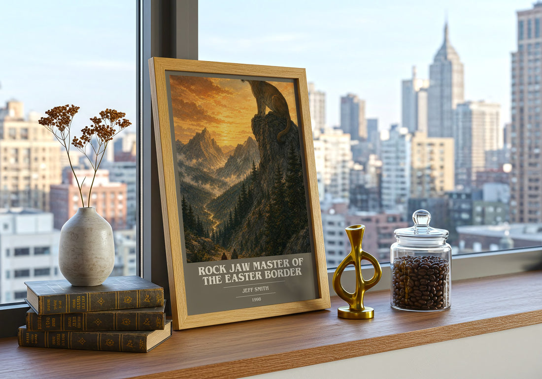Rock Jaw Master of the Easter Border book cover print framed by window – literary home decor